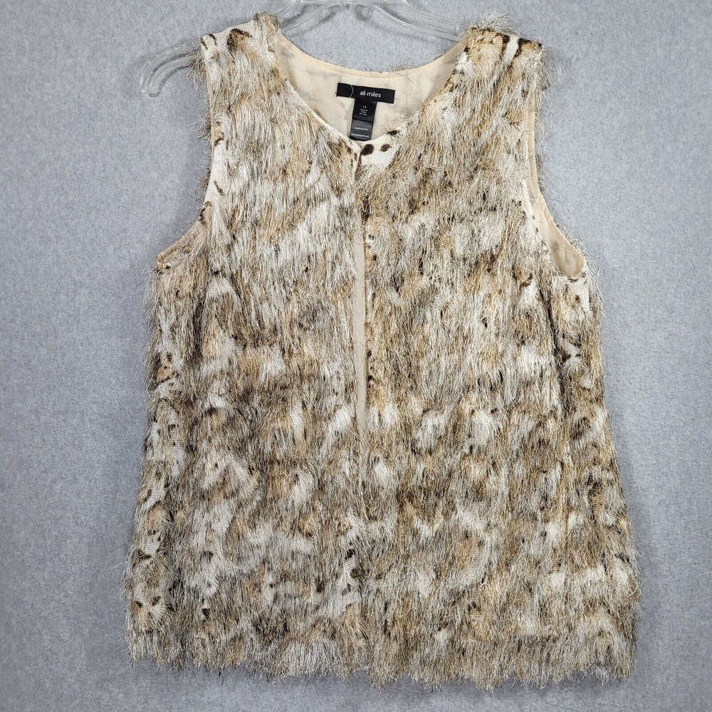 Ali Miles Animal Print Vest 1X Fringe Lined Hook & Eye Closure Browns Cream